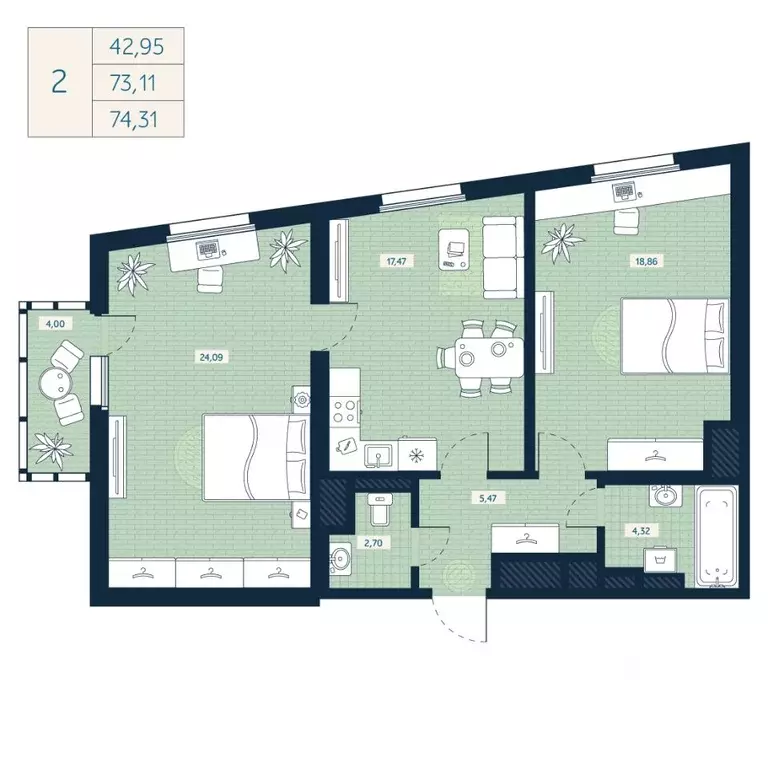 2-к кв. Санкт-Петербург ул. Седова, 89К3 (73.11 м) - Фото 0