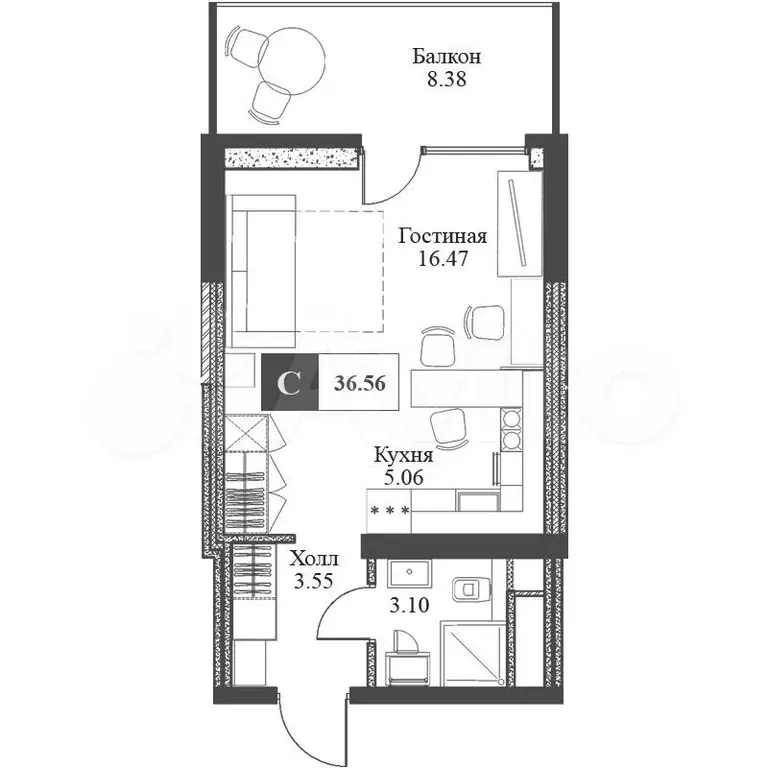 Апартаменты-студия, 36,5 м, 6/16 эт. - Фото 0