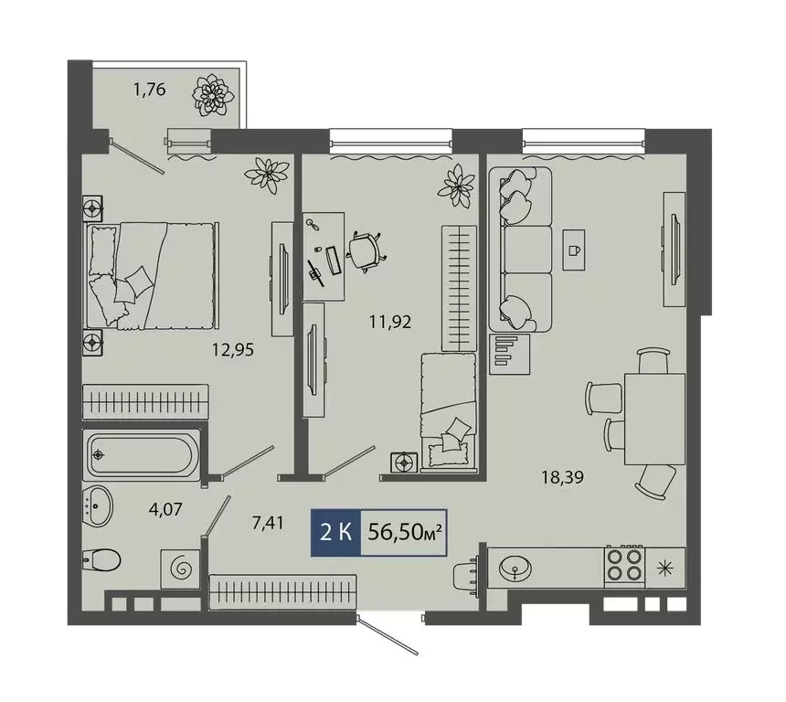 2-комнатная квартира: Тюмень, малоэтажный комплекс Смородина (56.5 м) - Фото 1