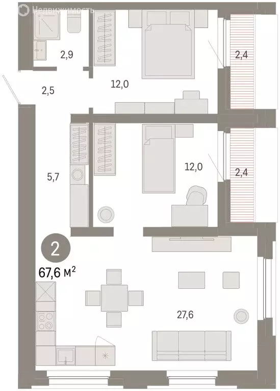 2-комнатная квартира: Тюмень, Мысовская улица, 26к2 (67.55 м) - Фото 1