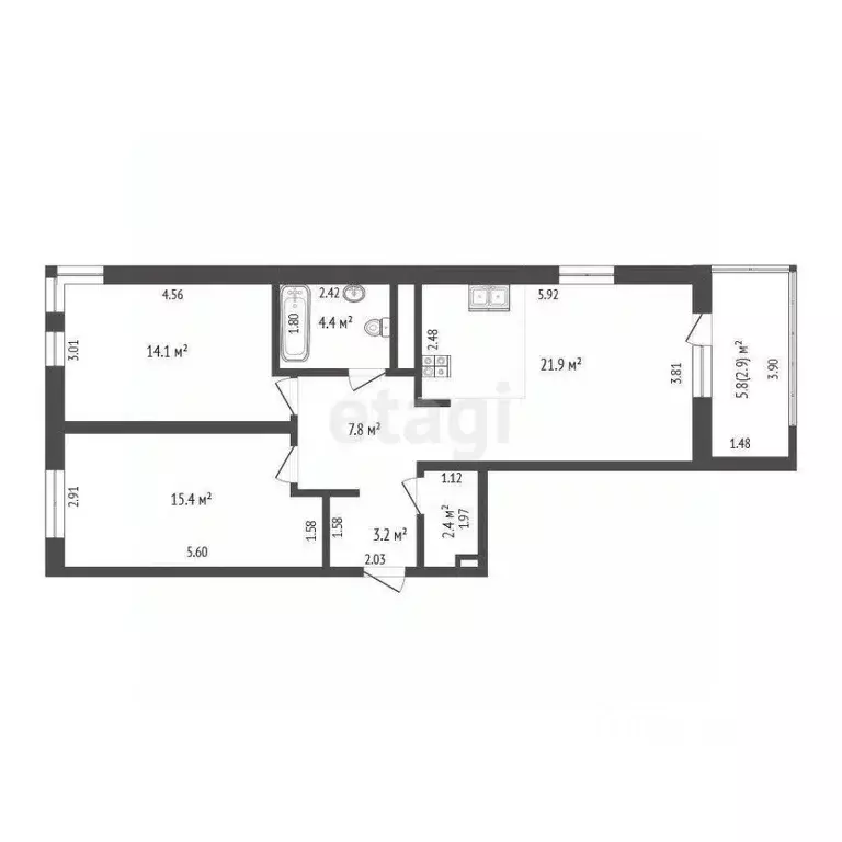 2-к кв. Тюменская область, Тюмень ул. Пожарных и Спасателей, 5к1 (69.2 ... - Фото 2