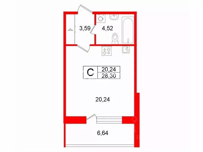 Студия Санкт-Петербург ул. Александра Матросова, 1 (28.3 м) - Фото 2