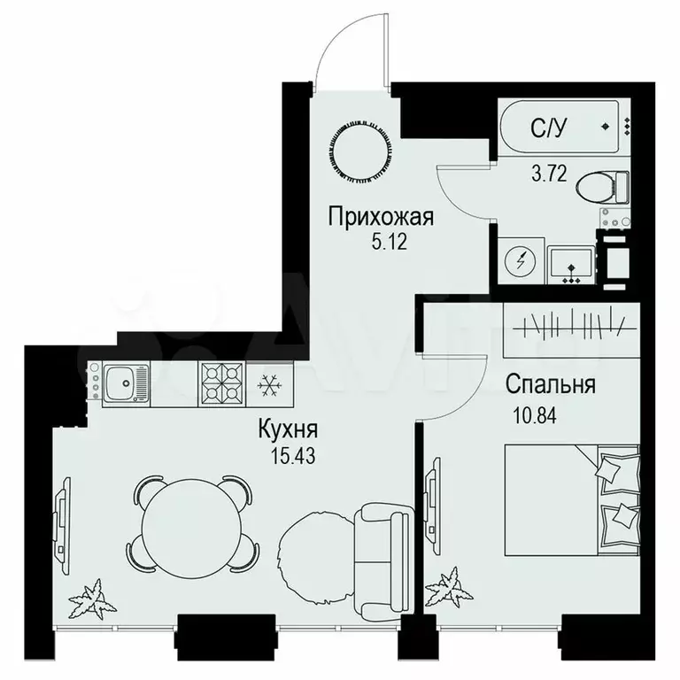 1-к. квартира, 35,1 м, 4/6 эт. - Фото 0
