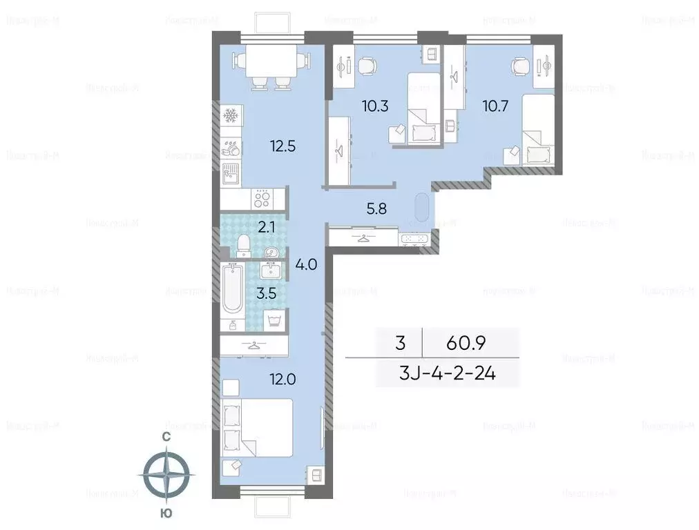 Продаётся 3-к квартира, 60.9 м - Фото 1
