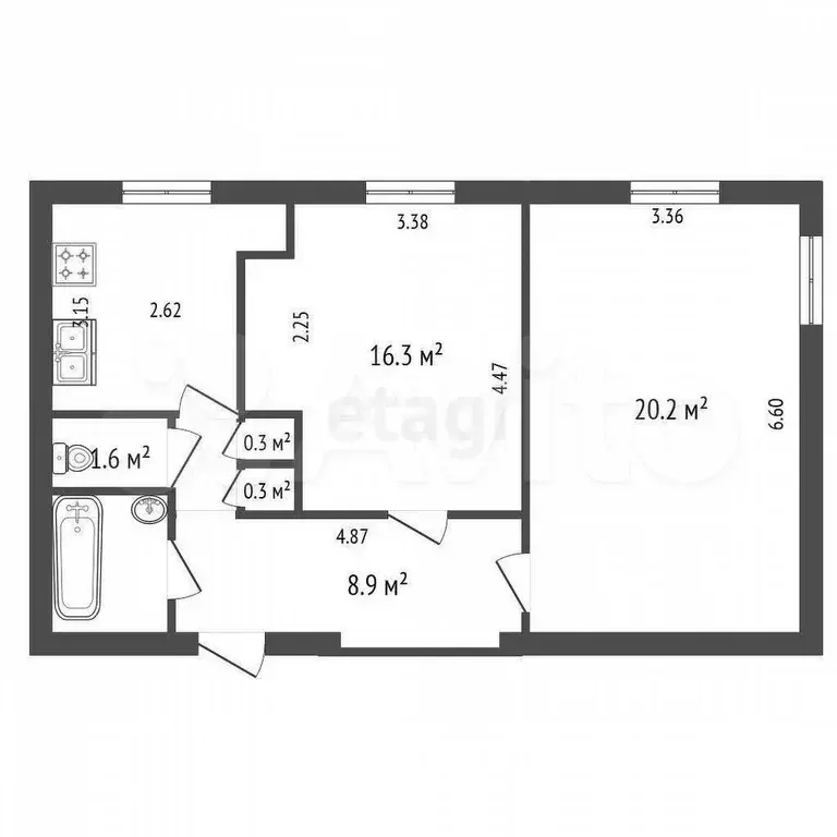 2-к. квартира, 59,4 м, 1/5 эт. - Фото 0