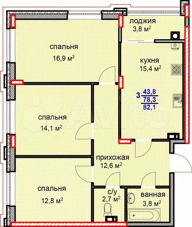 3-к. квартира, 82,2м, 5/12эт. - Фото 0