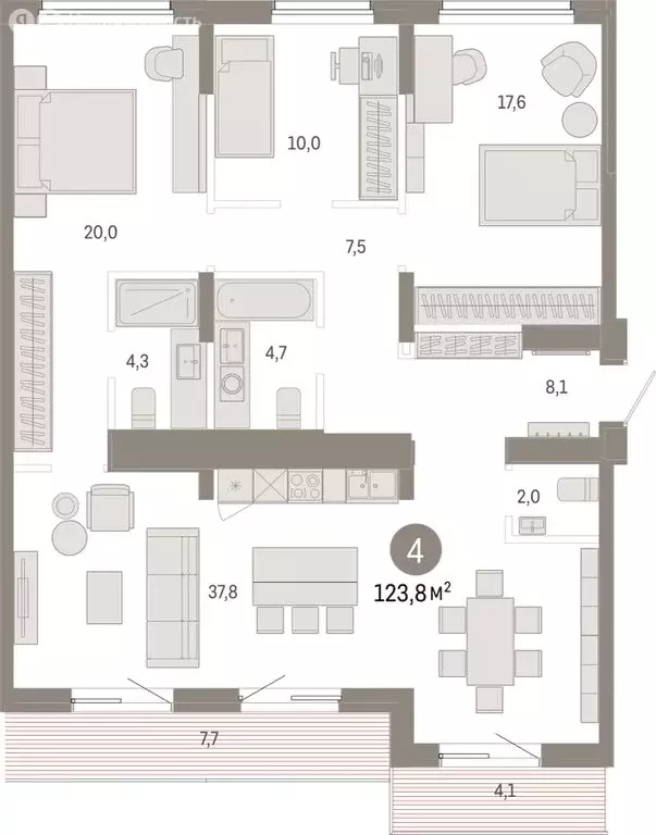 4-комнатная квартира: Омск, Кировский округ (123.79 м) - Фото 1