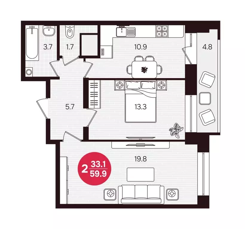 2-комнатная квартира: Новочебоксарск, улица 10-й Пятилетки, 5 (59.9 м) - Фото 2