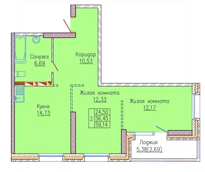 2-к кв. Приморский край, Владивосток ул. 2-я Строительная, 25 (56.6 м) - Фото 1