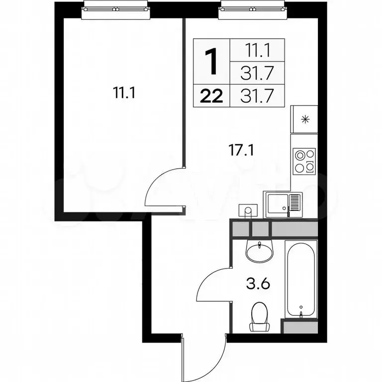 1-к. квартира, 31,7 м, 3/4 эт. - Фото 0
