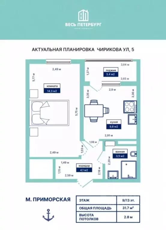 1-к кв. Санкт-Петербург ул. Чирикова, 5 (31.7 м) - Фото 2