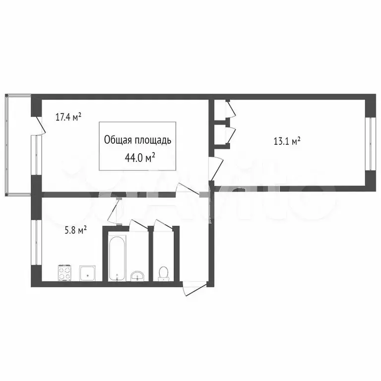 2-к. квартира, 44,5 м, 1/2 эт. - Фото 0