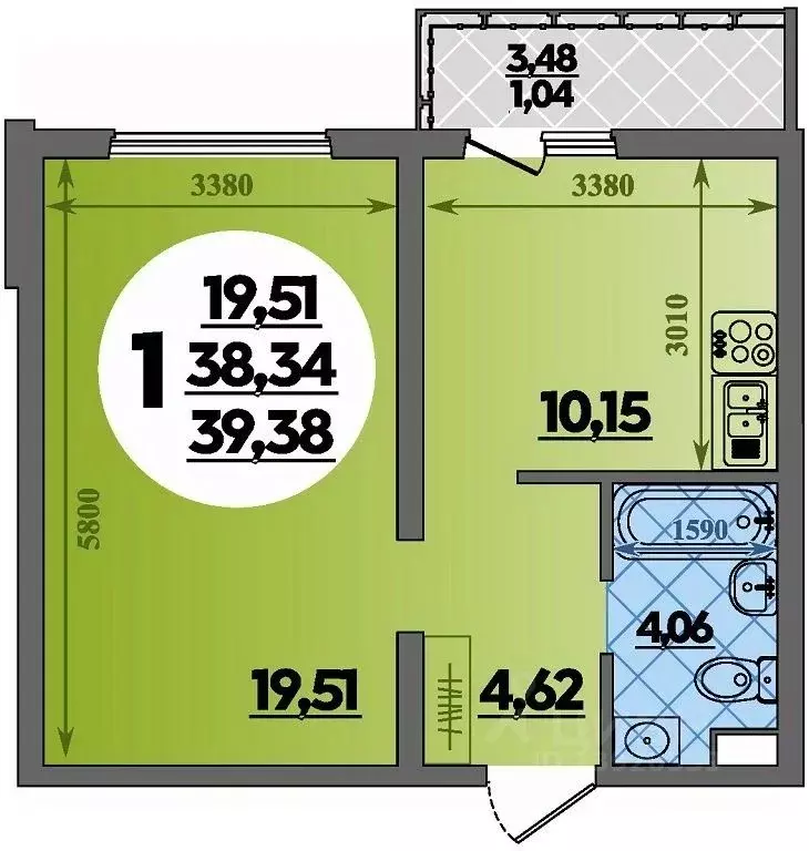 1-к кв. Адыгея, Майкоп  (39.38 м) - Фото 1