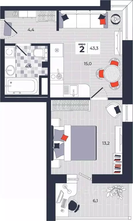 2-к кв. Тульская область, Тула ул. Академика Насоновой, 1А (43.3 м) - Фото 1