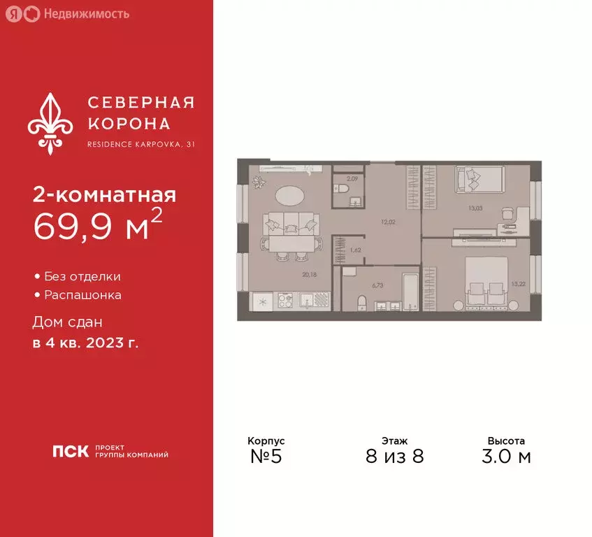 2-комнатная квартира: Санкт-Петербург, набережная реки Карповки, 31к1 ... - Фото 1