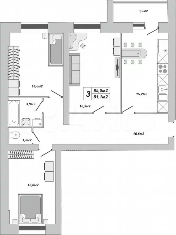 3-к. квартира, 85 м, 5/16 эт. - Фото 0
