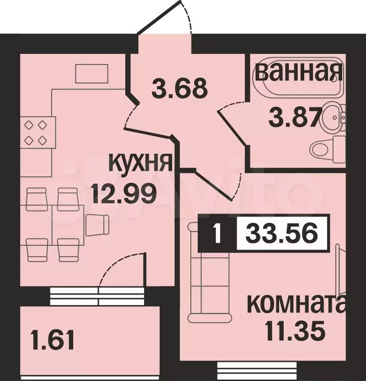 1-к. квартира, 33,5м, 2/4эт. - Фото 1