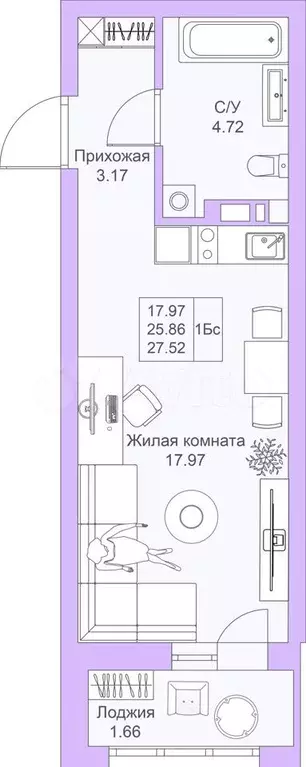 Квартира-студия, 27,5 м, 11/25 эт. - Фото 0