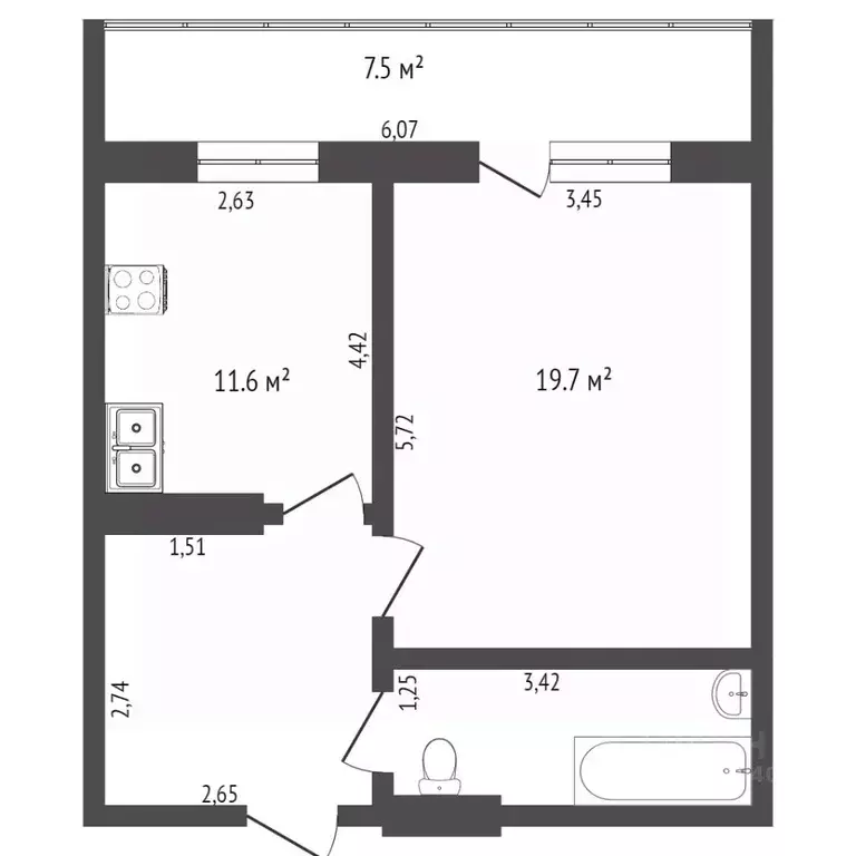 1-к кв. Тюменская область, Тюмень ул. Бабарынка, 20Ак3 (43.8 м) - Фото 2