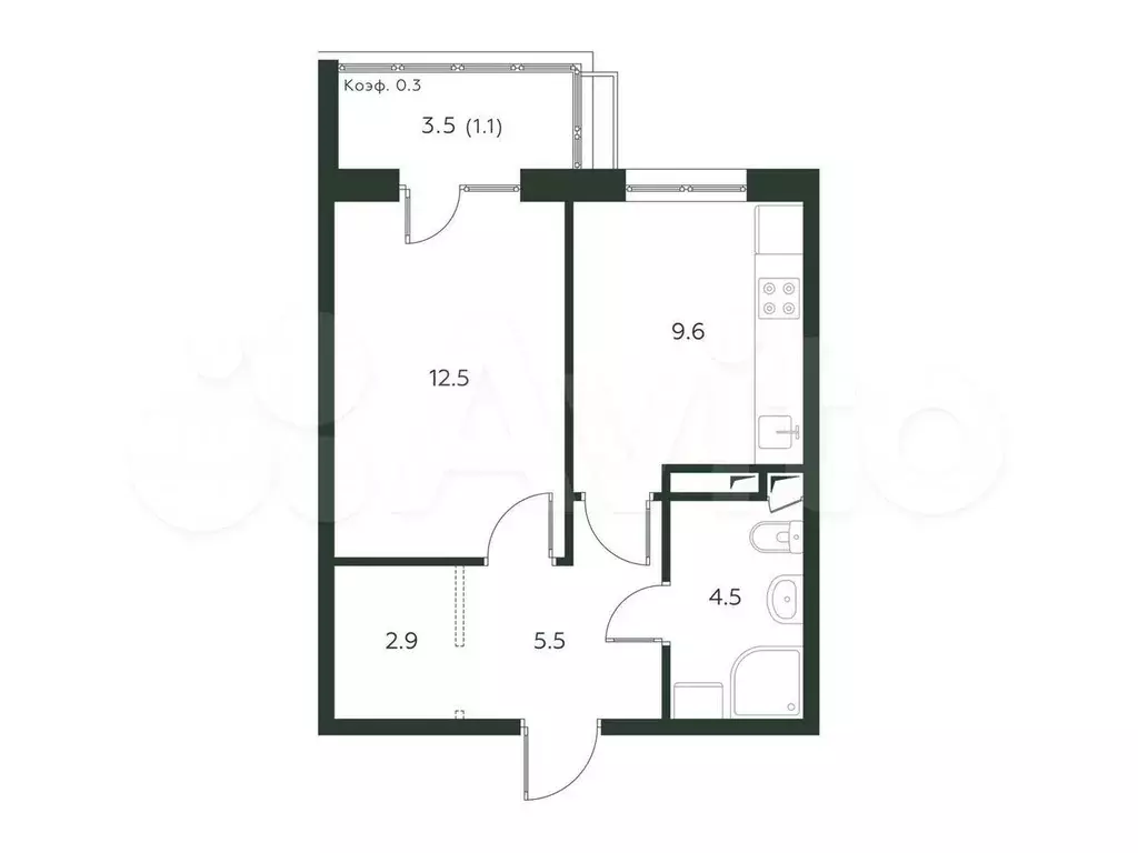 1-к. квартира, 36,1 м, 3/3 эт. - Фото 0