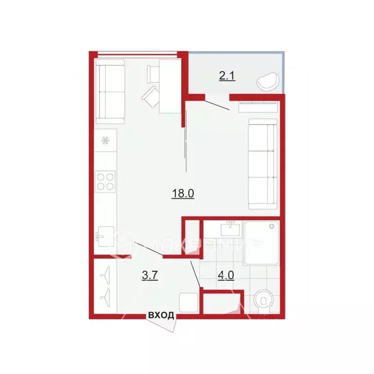 Студия Санкт-Петербург ул. Вадима Шефнера, 4 (26.0 м) - Фото 2