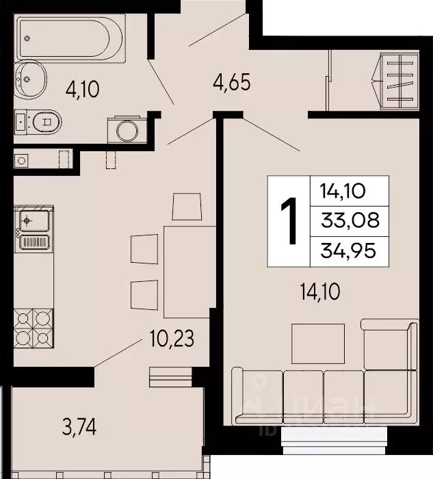 1-к кв. Адыгея, Майкоп 9 Мая ул. (34.95 м) - Фото 1