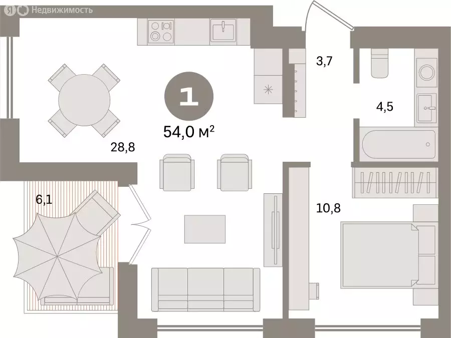 1-комнатная квартира: Екатеринбург, улица Академика Ландау, 7 (53.98 ... - Фото 1