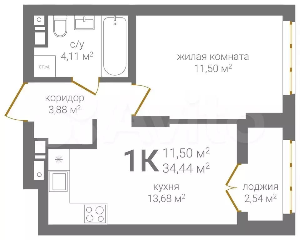 1-к. квартира, 34,4 м, 5/24 эт. - Фото 1