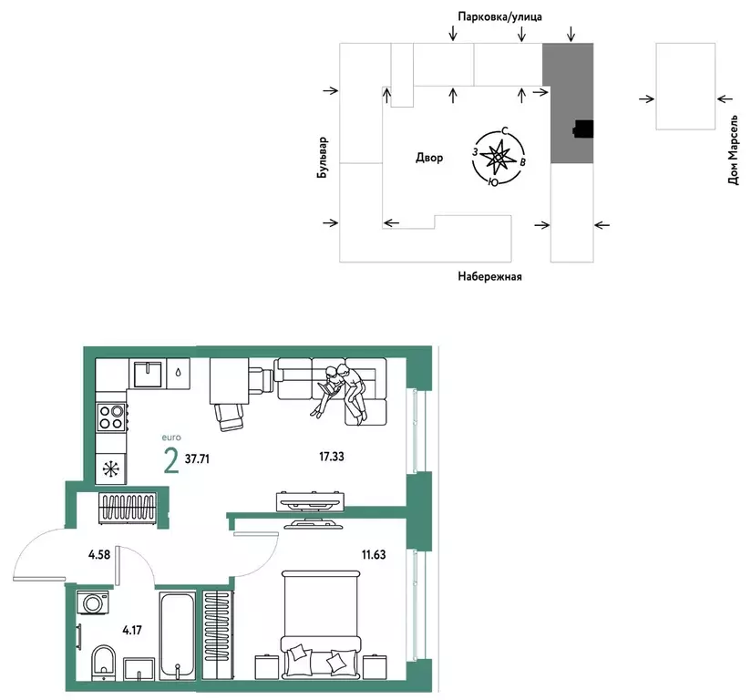 2-к кв. Тюменская область, Тюмень Береговая ул., 100к2 (37.71 м) - Фото 1