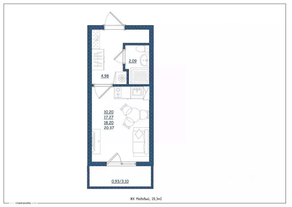 Студия Тверская область, Тверь ул. Медовая, 9к4 (20.3 м) - Фото 1