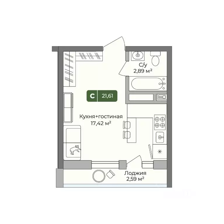 Студия Краснодарский край, Краснодар ул. Шевцова, 6 (21.61 м) - Фото 1