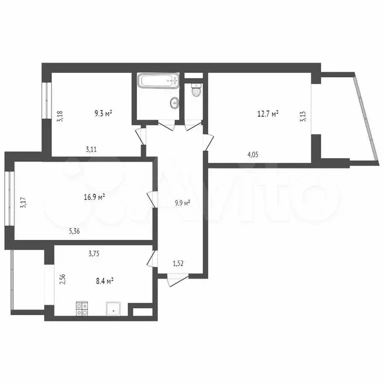 3-к. квартира, 65,4 м, 9/9 эт. - Фото 0