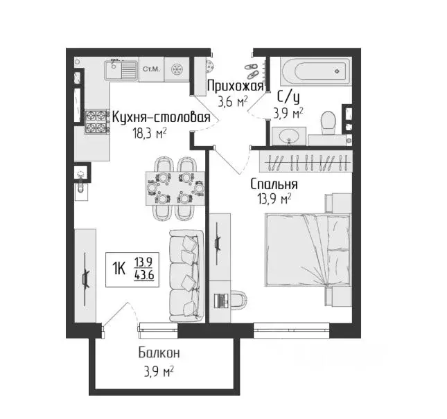 1-к кв. Тульская область, Тула ул. Болдина, 28 (44.0 м) - Фото 2