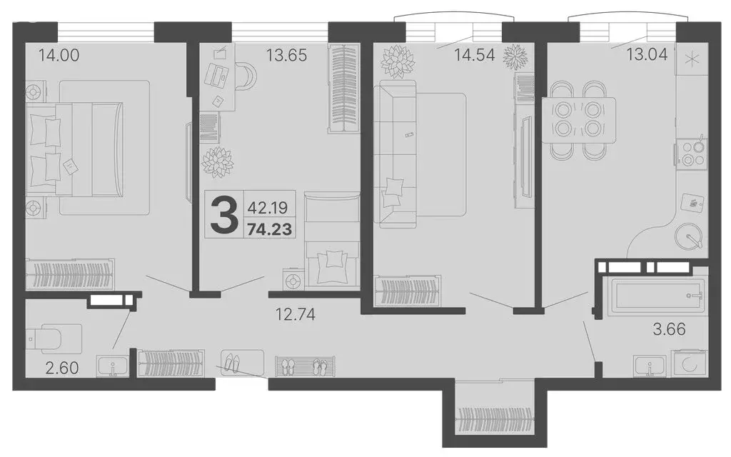 3-комнатная квартира: Сочи, микрорайон КСМ (74.23 м) - Фото 0