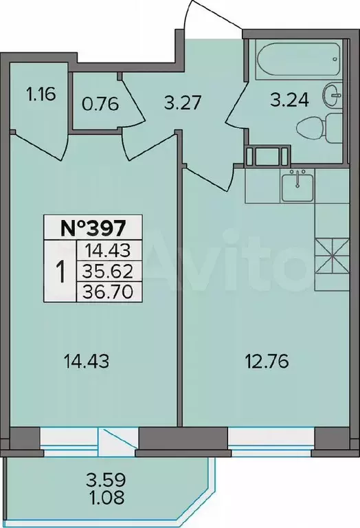 1-к. квартира, 36,7 м, 6/9 эт. - Фото 0