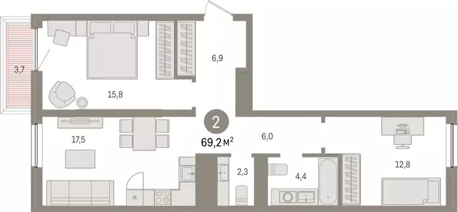 2-комнатная квартира: Тюмень, Мысовская улица, 26к1 (69.19 м) - Фото 1