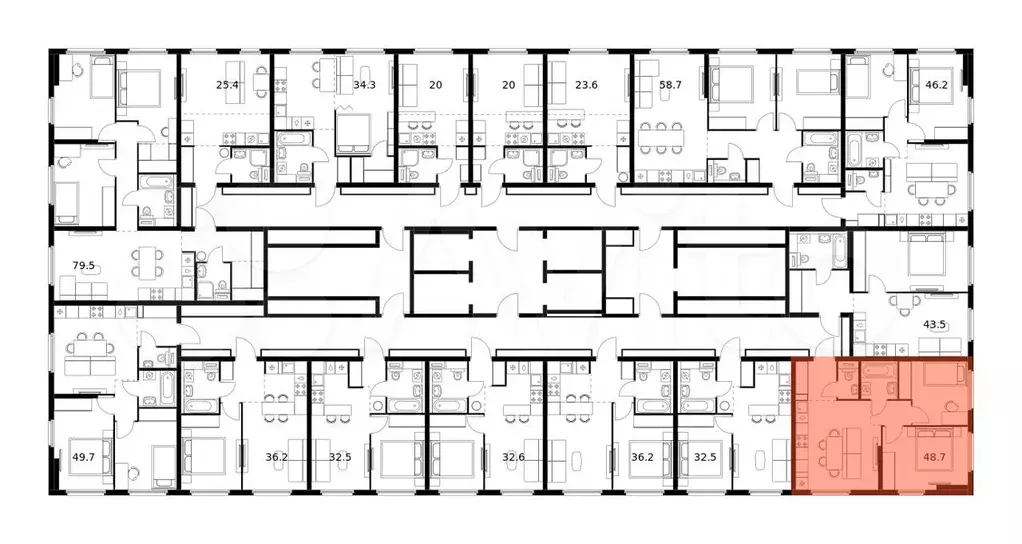 2-к. квартира, 48,7м, 22/25эт. - Фото 1