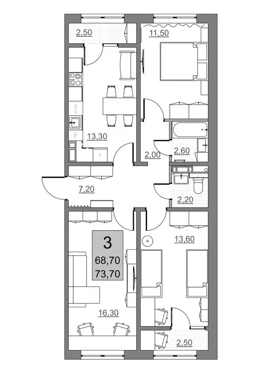 3-комнатная квартира: Балаково, Строительная улица, 37А/2 (68.7 м) - Фото 1