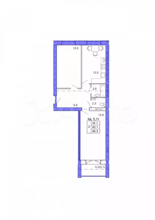 2-к. квартира, 66 м, 2/4 эт. - Фото 0