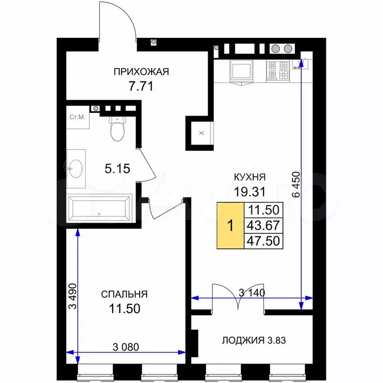 1-к. квартира, 47,5 м, 3/7 эт. - Фото 1