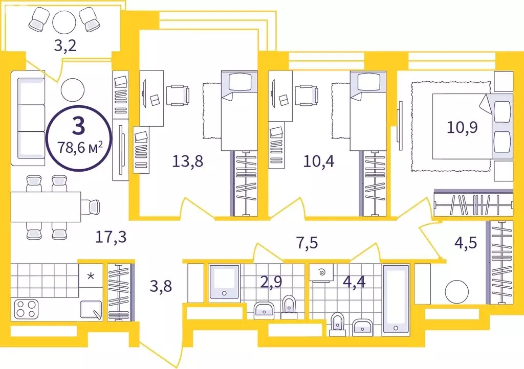 3-комнатная квартира: Екатеринбург, улица Щербакова, 76 (76.39 м) - Фото 1