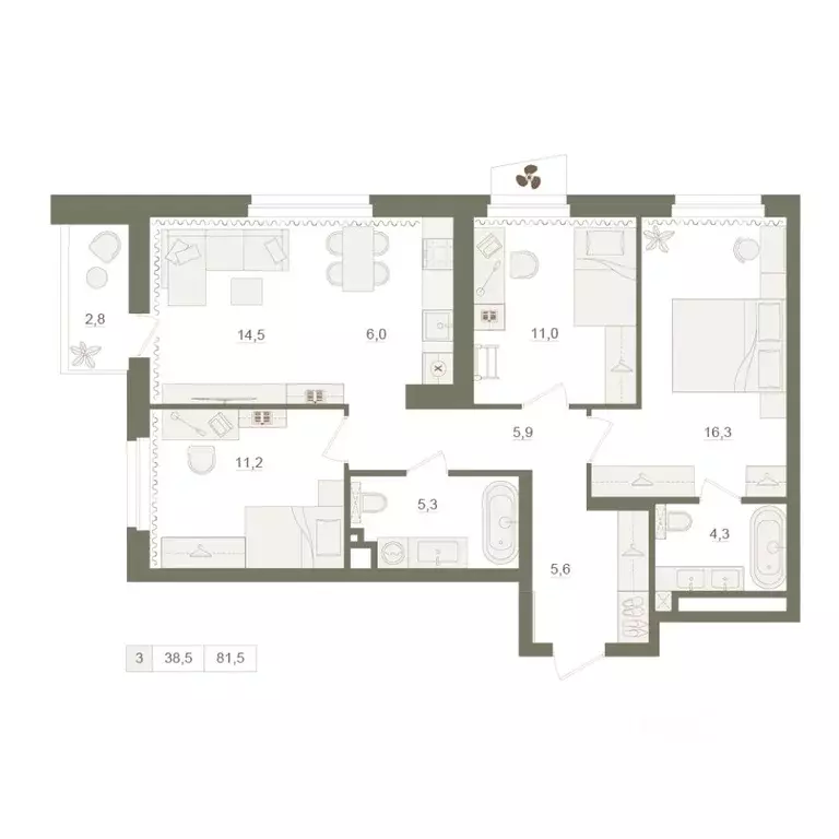 3-к кв. Башкортостан, Уфа Родина Парк жилой комплекс (81.5 м) - Фото 1