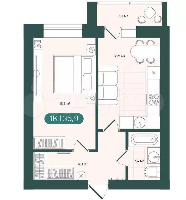 1-к. квартира, 35,9 м, 3/9 эт. - Фото 0