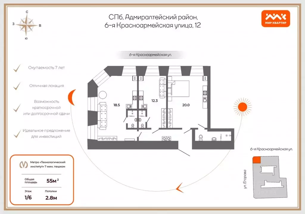 3-к кв. Санкт-Петербург 6-я Красноармейская ул., 12 (55.0 м) - Фото 1