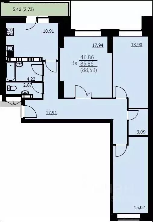 3-к кв. Ярославская область, Ярославль Красноборская ул., 38к3 (88.59 ... - Фото 1