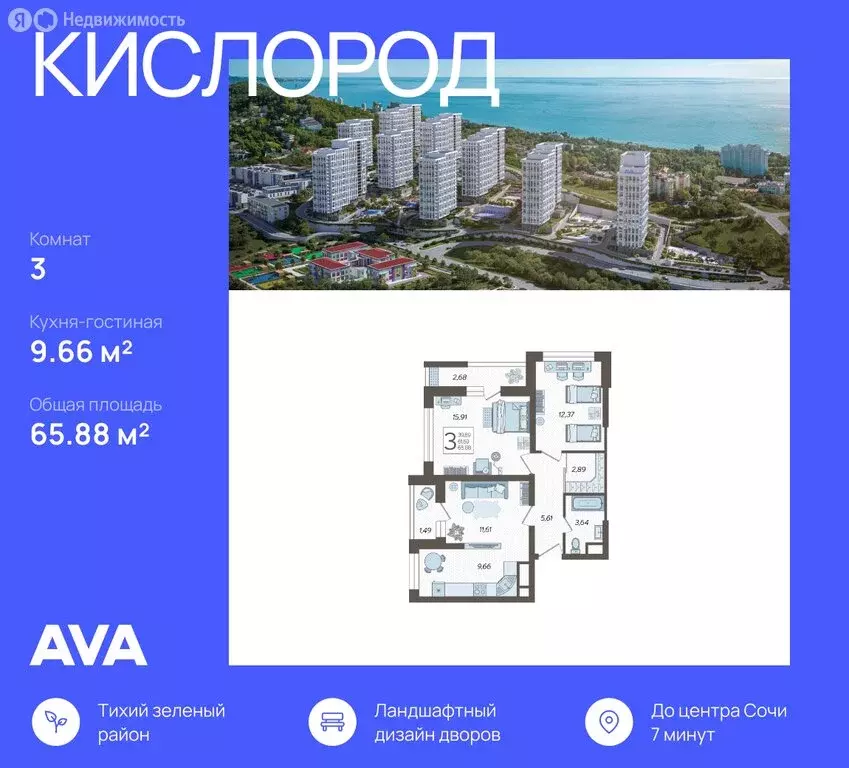 3-комнатная квартира: Сочи, жилой комплекс Кислород, 2 (65.88 м) - Фото 0