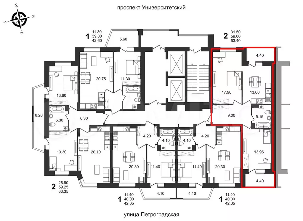 2-к. квартира, 63,4 м, 9/19 эт. - Фото 1