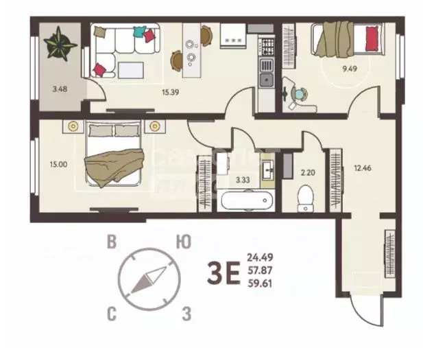 2-к кв. Липецкая область, Липецк ул. Механизаторов, 15А (59.61 м) - Фото 2