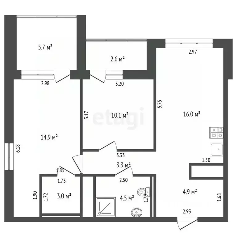 2-к кв. Тюменская область, Тюмень ул. Разведчика Кузнецова, 7 (62.0 м) - Фото 2