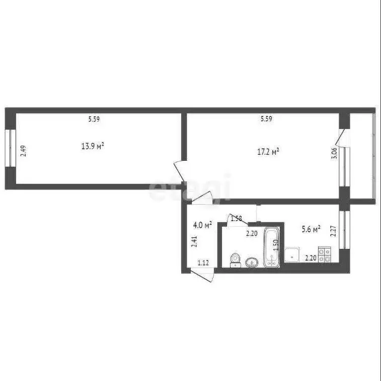 2-комнатная квартира: Абакан, улица Ивана Ярыгина, 20 (42.5 м) - Фото 0